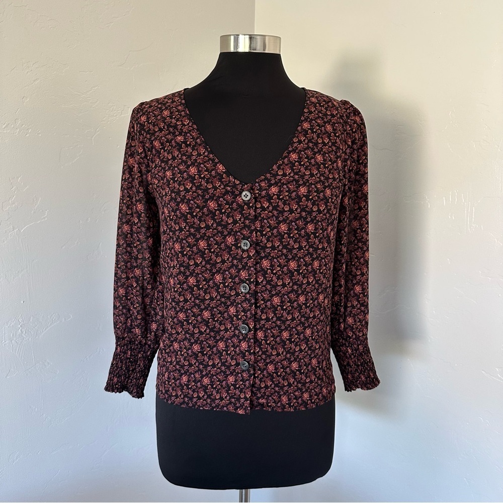 Madewell Georgette Smocked Cuff Button Front Top In Orchid Floral Blouse Size 2 - Picture 3 of 14